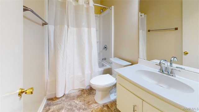 full bath with toilet, shower / tub combo, and vanity