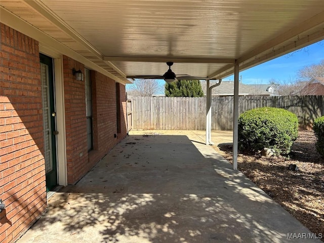 view of patio with a ceiling fan and a fenced backyard