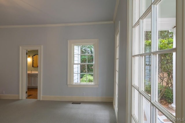 interior space featuring baseboards, visible vents, and crown molding