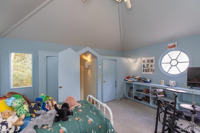 bedroom with vaulted ceiling and carpet flooring