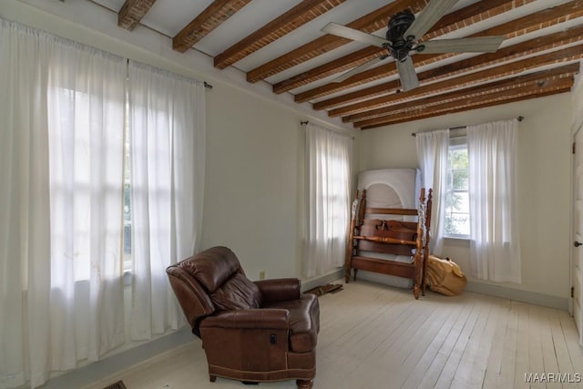 sitting room featuring lofted ceiling with beams, light wood-style flooring, and ceiling fan
