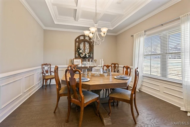 dining room with coffered ceiling, ornamental molding, dark wood-style flooring, an inviting chandelier, and a decorative wall