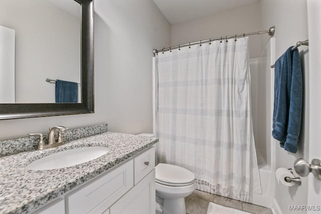 full bathroom featuring toilet, shower / bathtub combination with curtain, tile patterned flooring, and vanity