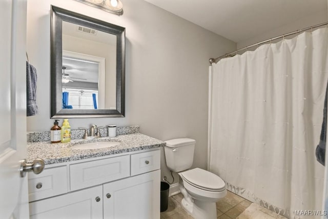 bathroom featuring toilet, visible vents, tile patterned flooring, and vanity