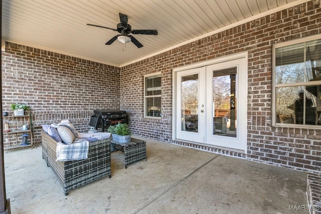 view of patio with french doors, ceiling fan, and area for grilling