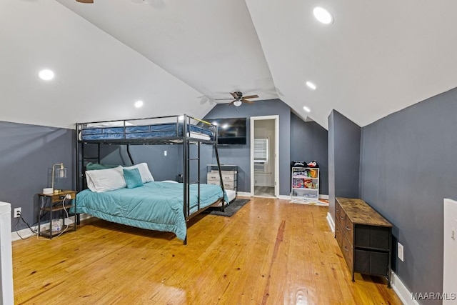 bedroom with lofted ceiling, ceiling fan, recessed lighting, wood finished floors, and baseboards