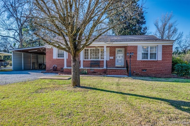 view of front of property featuring driveway, brick siding, an attached carport, crawl space, and a front yard