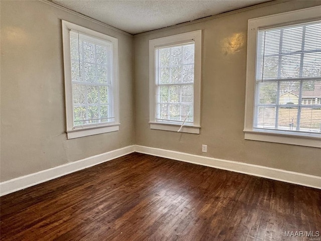 spare room featuring a wealth of natural light, dark wood finished floors, a textured ceiling, and baseboards