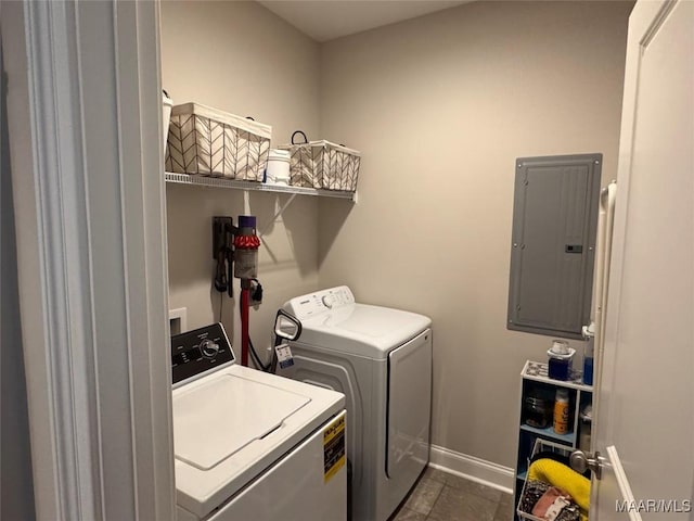 laundry room with laundry area, independent washer and dryer, electric panel, and baseboards