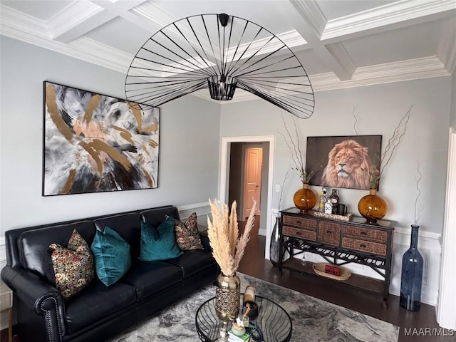 living area featuring ornamental molding, coffered ceiling, beamed ceiling, and wood finished floors