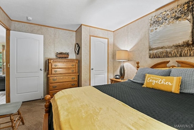 carpeted bedroom with crown molding