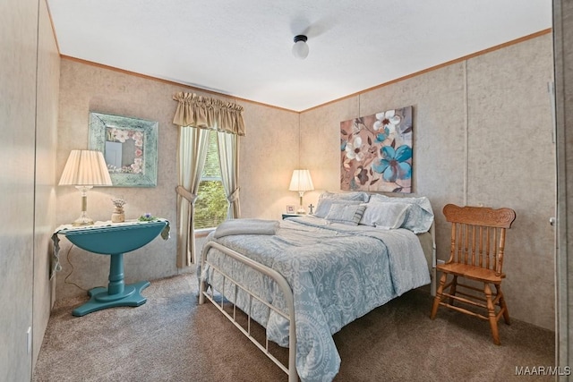 carpeted bedroom with ornamental molding