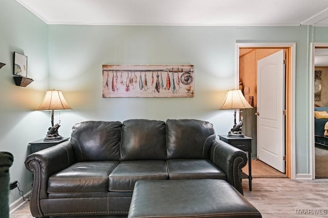 living area featuring baseboards, wood finished floors, and crown molding