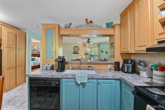 kitchen with under cabinet range hood, a sink, a ceiling fan, dishwasher, and light wood finished floors