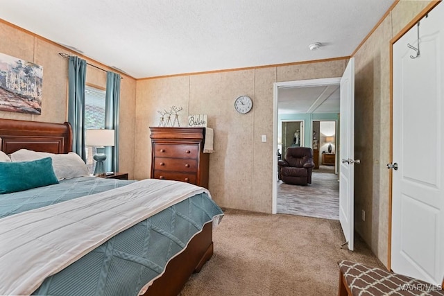 bedroom featuring light carpet and crown molding