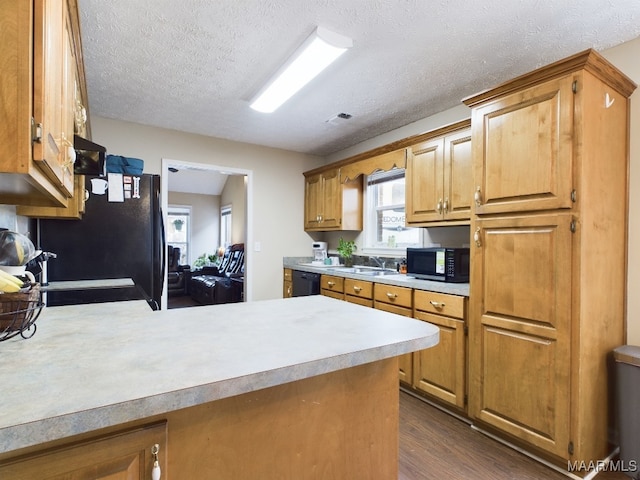 kitchen with dark wood-style floors, light countertops, a peninsula, and black appliances