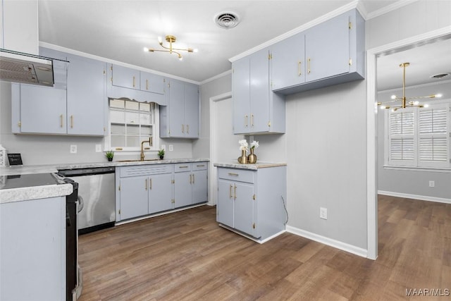 kitchen featuring light countertops, visible vents, ornamental molding, a chandelier, and dishwasher