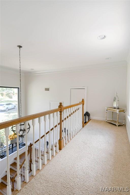 interior space featuring visible vents, ornamental molding, baseboards, and an upstairs landing