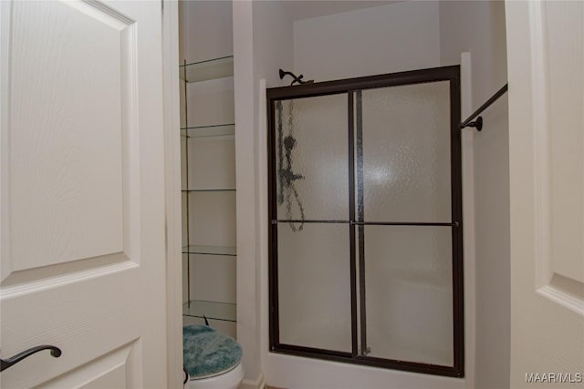 bathroom featuring toilet and a stall shower