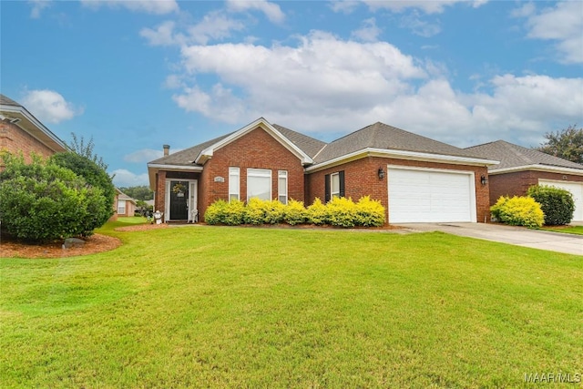 ranch-style house featuring an attached garage, driveway, a front lawn, and brick siding