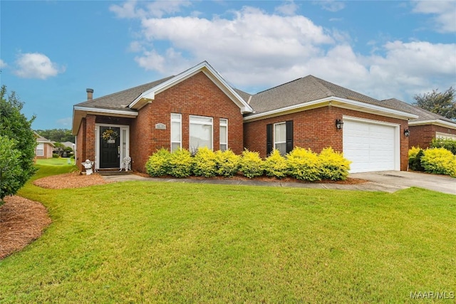 ranch-style home with a front yard, concrete driveway, and brick siding