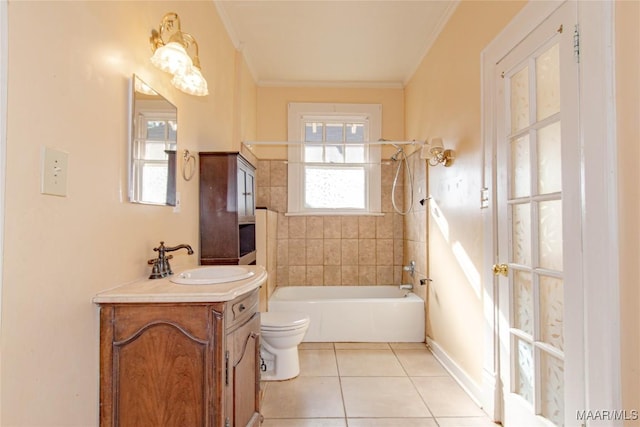 full bath with toilet, ornamental molding, tile patterned flooring, bathtub / shower combination, and vanity