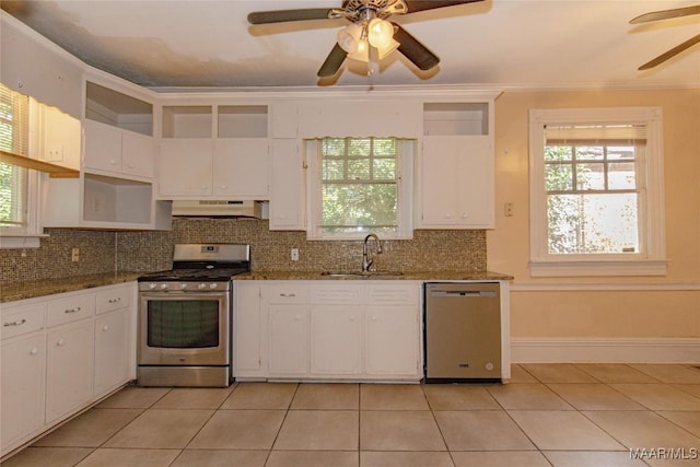 kitchen with under cabinet range hood, stainless steel appliances, a sink, white cabinetry, and dark stone counters