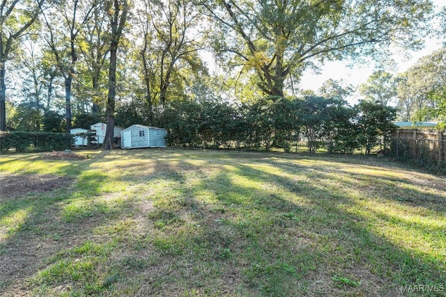 view of yard with a storage unit, an outdoor structure, and fence