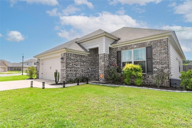 ranch-style home with driveway, a front yard, and brick siding