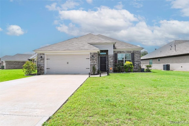 view of front of property featuring driveway, central AC unit, an attached garage, a front lawn, and brick siding