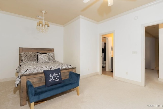 bedroom featuring visible vents, baseboards, ornamental molding, an inviting chandelier, and carpet
