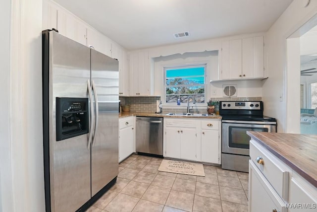 kitchen with appliances with stainless steel finishes, a sink, visible vents, and white cabinets