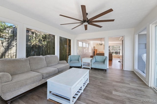 living room featuring ceiling fan with notable chandelier, a textured ceiling, and wood finished floors