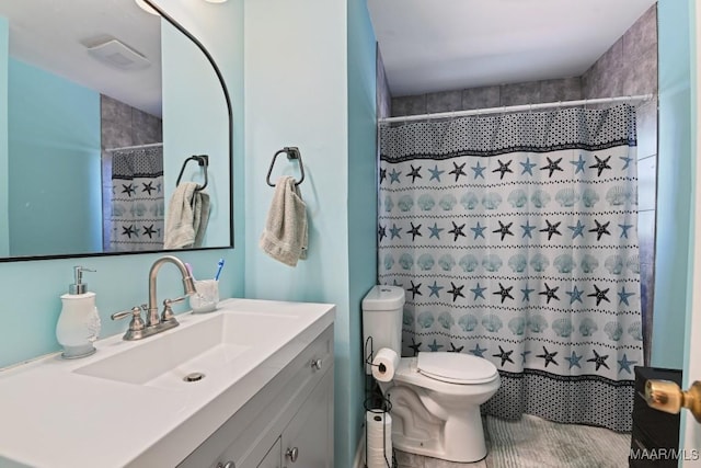 full bathroom with toilet, vanity, and a shower with shower curtain