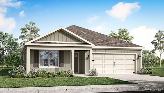 ranch-style home featuring an attached garage, a shingled roof, concrete driveway, board and batten siding, and a front yard