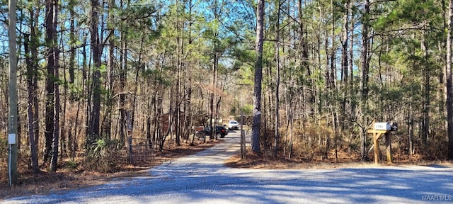 view of road with a wooded view