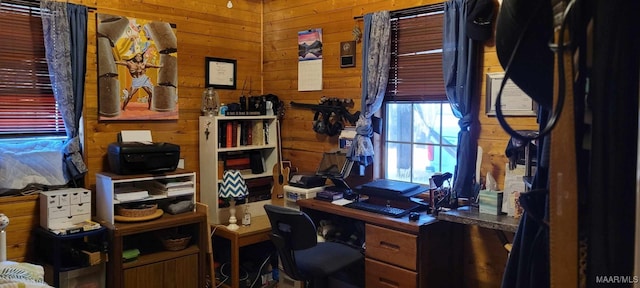 home office with wood walls