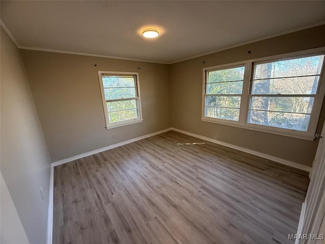 spare room with baseboards, wood finished floors, and crown molding