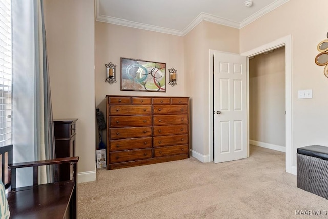 bedroom with light carpet, baseboards, and ornamental molding