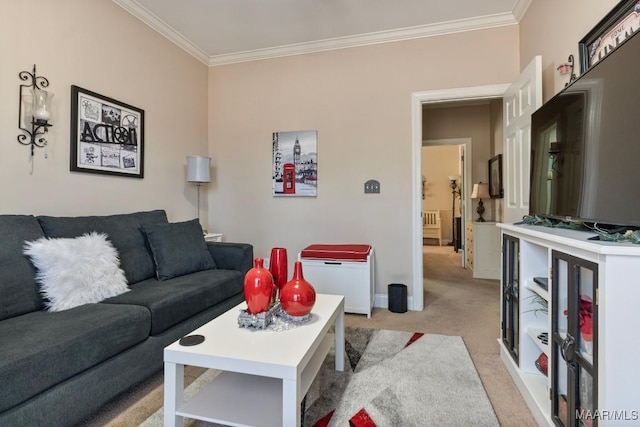 living area featuring light carpet, baseboards, and ornamental molding