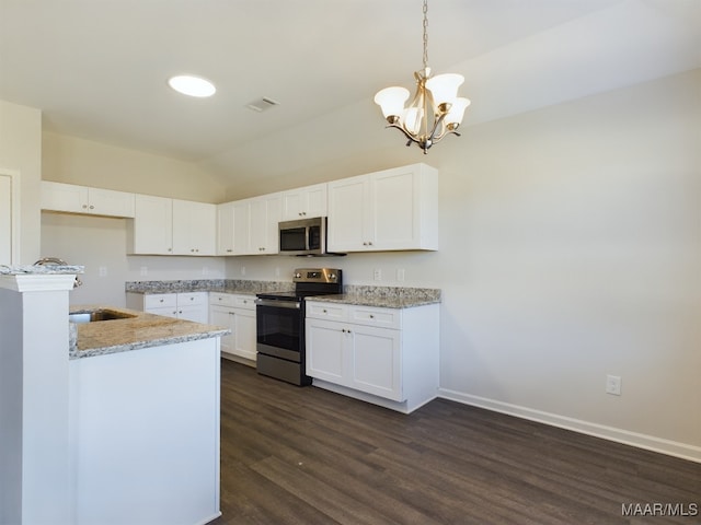 kitchen featuring decorative light fixtures, visible vents, appliances with stainless steel finishes, white cabinets, and light stone countertops