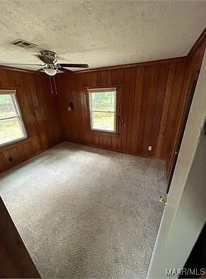 4325 Zorn Ln, Montgomery, AL 36116 - unfurnished room with ceiling fan, visible vents, wooden walls, and plenty of natural light