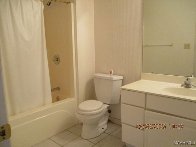 full bathroom with vanity, tile patterned flooring, toilet, and shower / tub combo with curtain