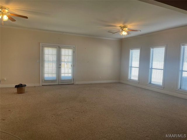 empty room featuring light carpet, ornamental molding, and a healthy amount of sunlight