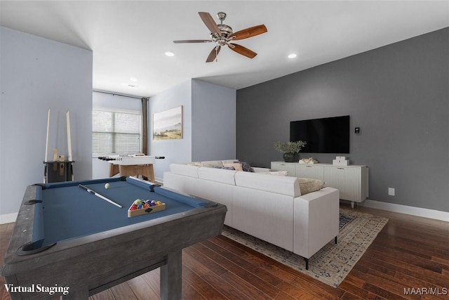 playroom featuring a ceiling fan, baseboards, dark wood-style flooring, and recessed lighting