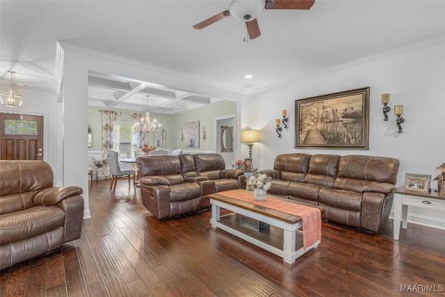 living area with dark wood-style floors, crown molding, coffered ceiling, and beamed ceiling