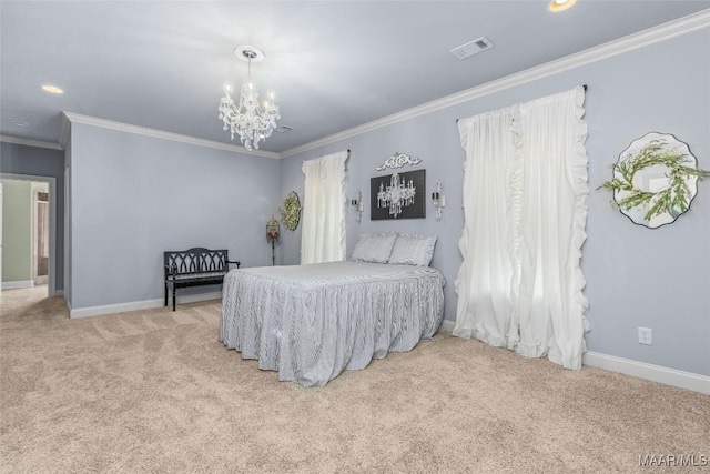 bedroom with ornamental molding, carpet flooring, visible vents, and baseboards