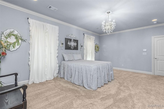 carpeted bedroom with ornamental molding, a chandelier, visible vents, and baseboards