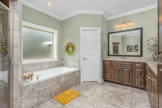 bathroom featuring a tile shower, crown molding, vanity, and a bath