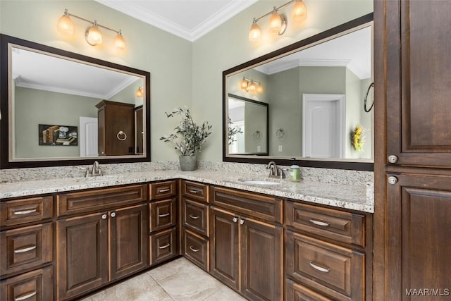 full bath with ornamental molding, a sink, and double vanity